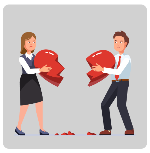 Illustration of a worried couple holding opposite pieces of a broken red heart.