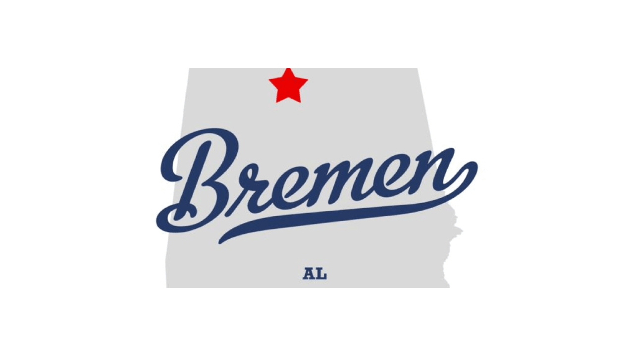 Bremen, Alabama logo with red star marking its location on the state map.