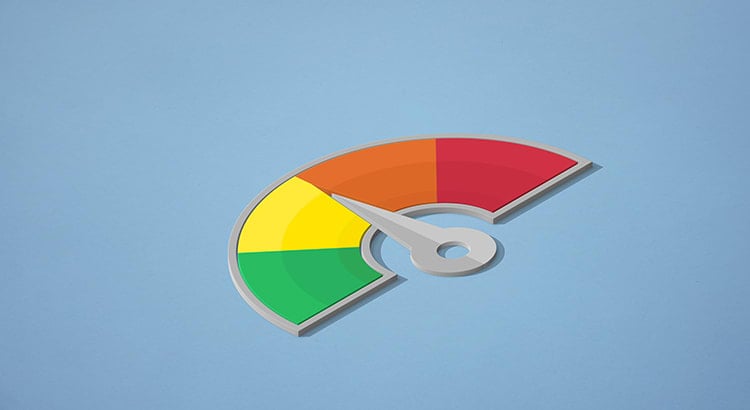 An illustration of a credit score meter with a dial pointing towards the red section, indicating a lower credit score.