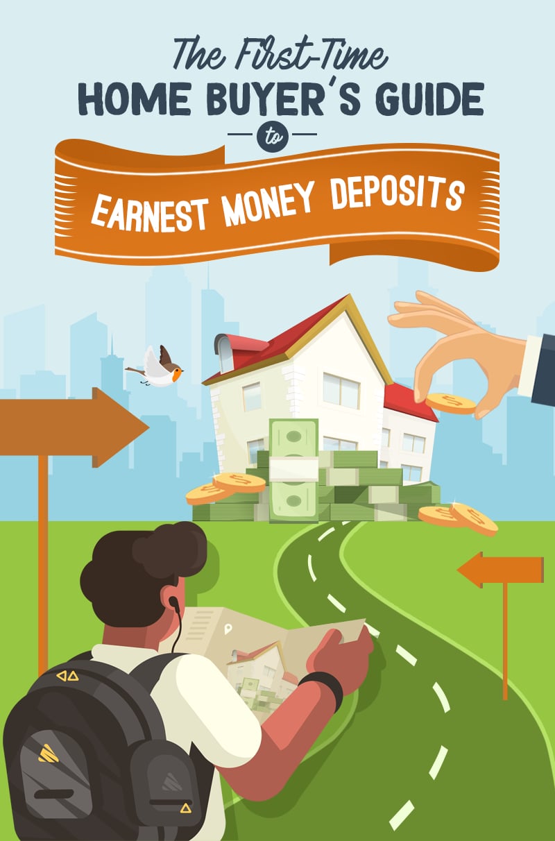 First-time home buyer’s guide to earnest money deposits, illustrated with a buyer, house, cash, and winding road.