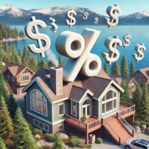Lakeside home beneath floating dollar signs and percent symbols