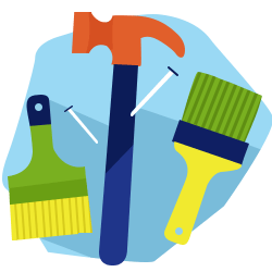 Home maintenance tools: paintbrushes and a screwdriver.