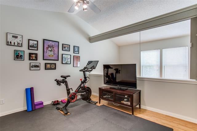 Home workout room with exercise equipment, framed wall art, and a television.