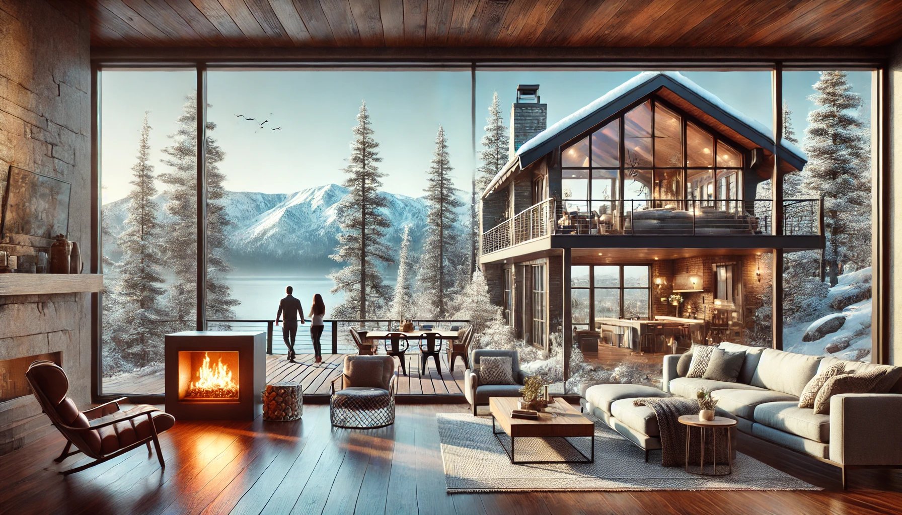 Mountain-home living room with a fireplace and panoramic windows overlooking a snowy forest and mountains.