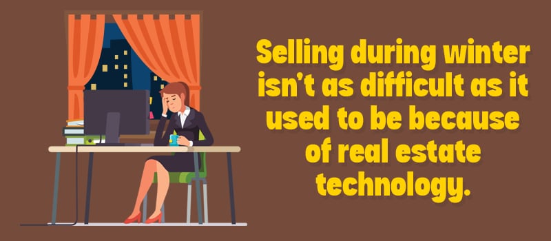 Illustration of a woman working at a computer beside a headline about selling homes during winter.
