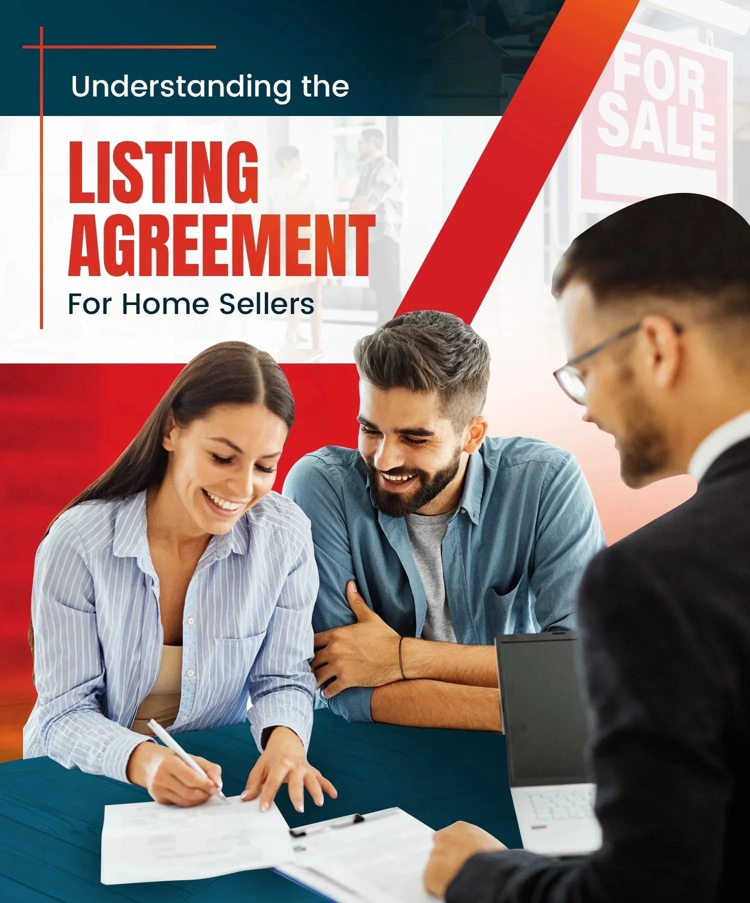 Listing agreement guide for home sellers, showing a couple signing paperwork with a real estate agent.