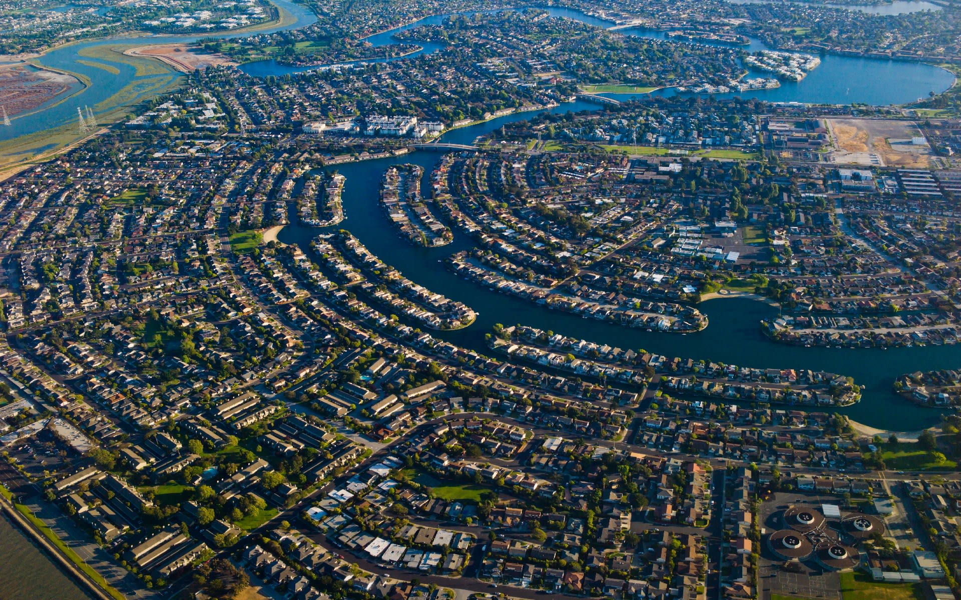 Foster City, California – Aerial view of lagoons and waterfront homes