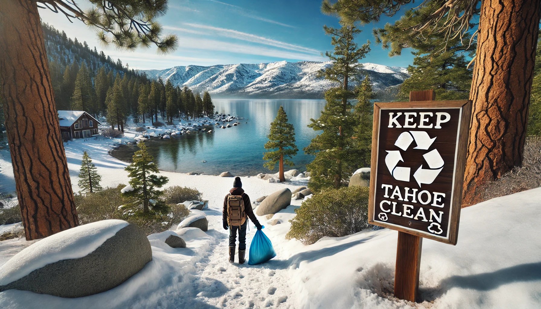 Person carrying a blue bag through snowy Lake Tahoe pines beside a “Keep Tahoe Clean” sign.