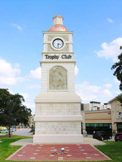 The iconic clock tower in Trophy Club Park.