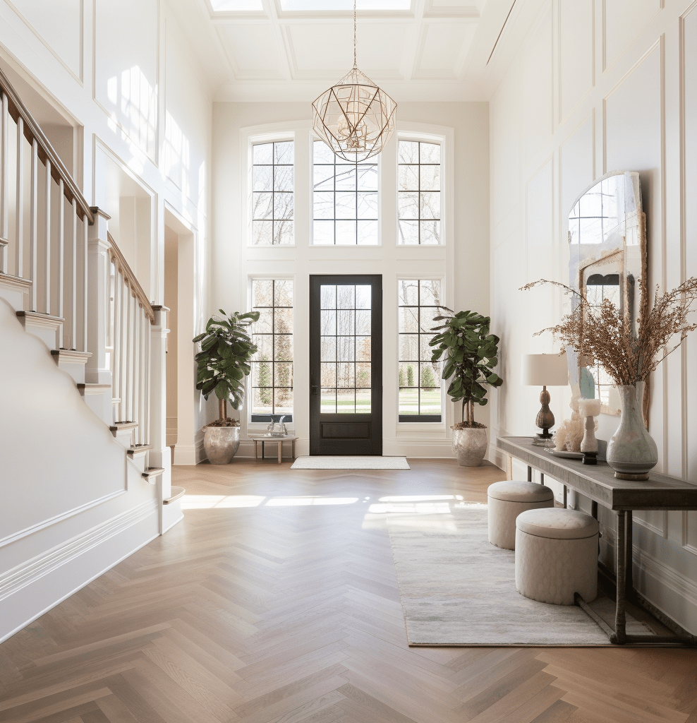  A spacious and bright foyer with high ceilings and light-colored walls features a dark front door flanked by tall windows with black grilles, allowing ample natural light to stream in.