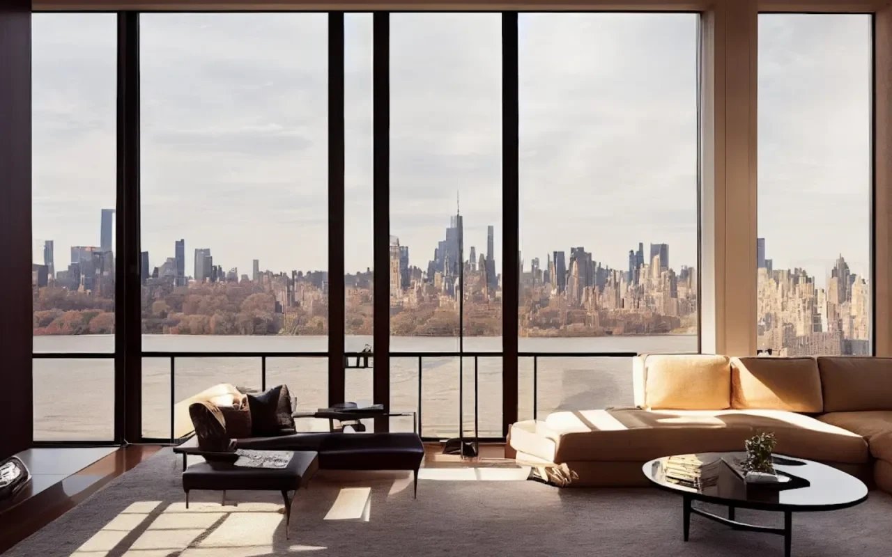 living room with a view of the Manhattan skyline