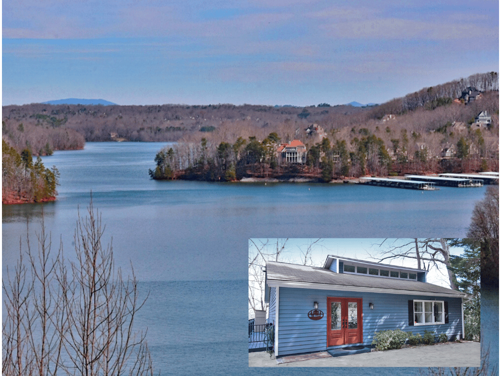 A blue house with a red front door, inset beside a wide view of a lake and docks.