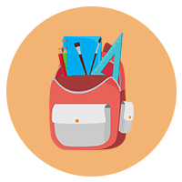 A red backpack filled with blue books and a pencil.