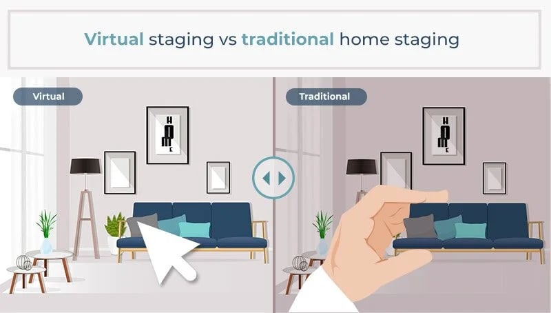 Virtual and traditional home staging compared in illustrated living rooms.