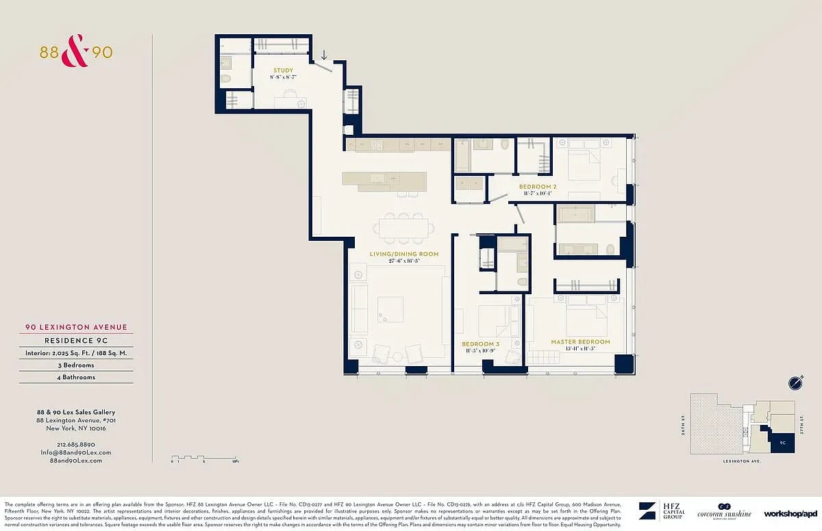 Floor plan of Residence 9C at 90 Lexington Avenue, with three bedrooms, four bathrooms, a study, and living/dining room.