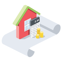 Illustration of a red house, calculator, gold coins, and rolled blueprint.