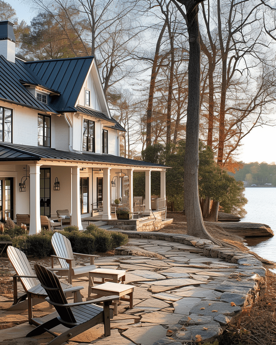  A two-story modern farmhouse with white siding, a black metal roof, and a wide porch with white columns, situated next to a tranquil body of water. 