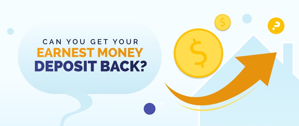 Infographic asking whether you can get your earnest money deposit back, with dollar coins and a rising arrow.