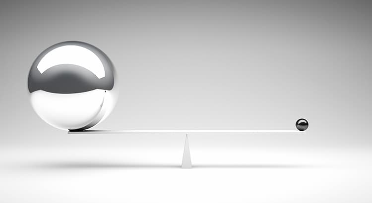 An abstract image featuring a balancing scale with a large and small object, possibly representing equity or decision-making.
