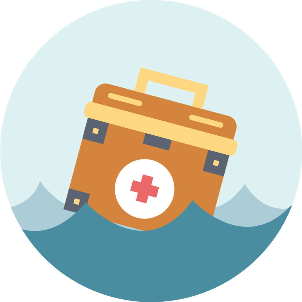 First-aid kit floating in floodwater.