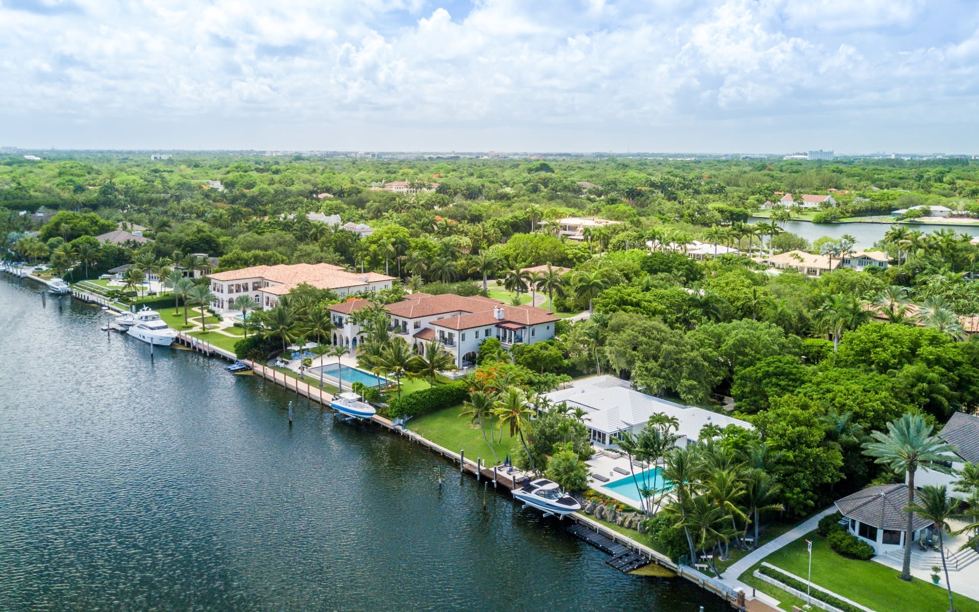 An aerial view reveals waterfront homes