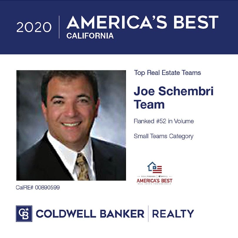  A blue and white graphic recognizing "2020 AMERICA'S BEST CALIFORNIA". On the left, there's a headshot of Joe Schembri, a smiling man with dark hair, wearing a suit and patterned tie. 