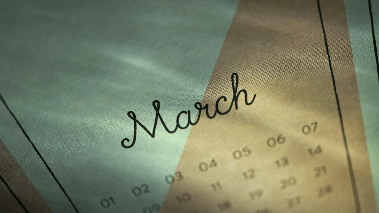 A close-up image of a calendar page focusing on the month of March.