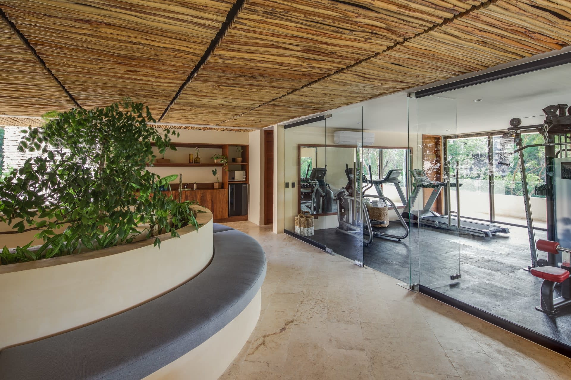 Condo-hotel fitness center with treadmills behind glass walls and a plant-filled curved bench.