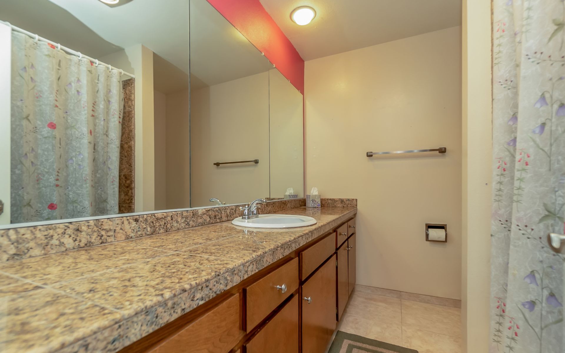 Bathroom vanity with a wide mirrored wall, speckled countertop, and floral shower curtains.