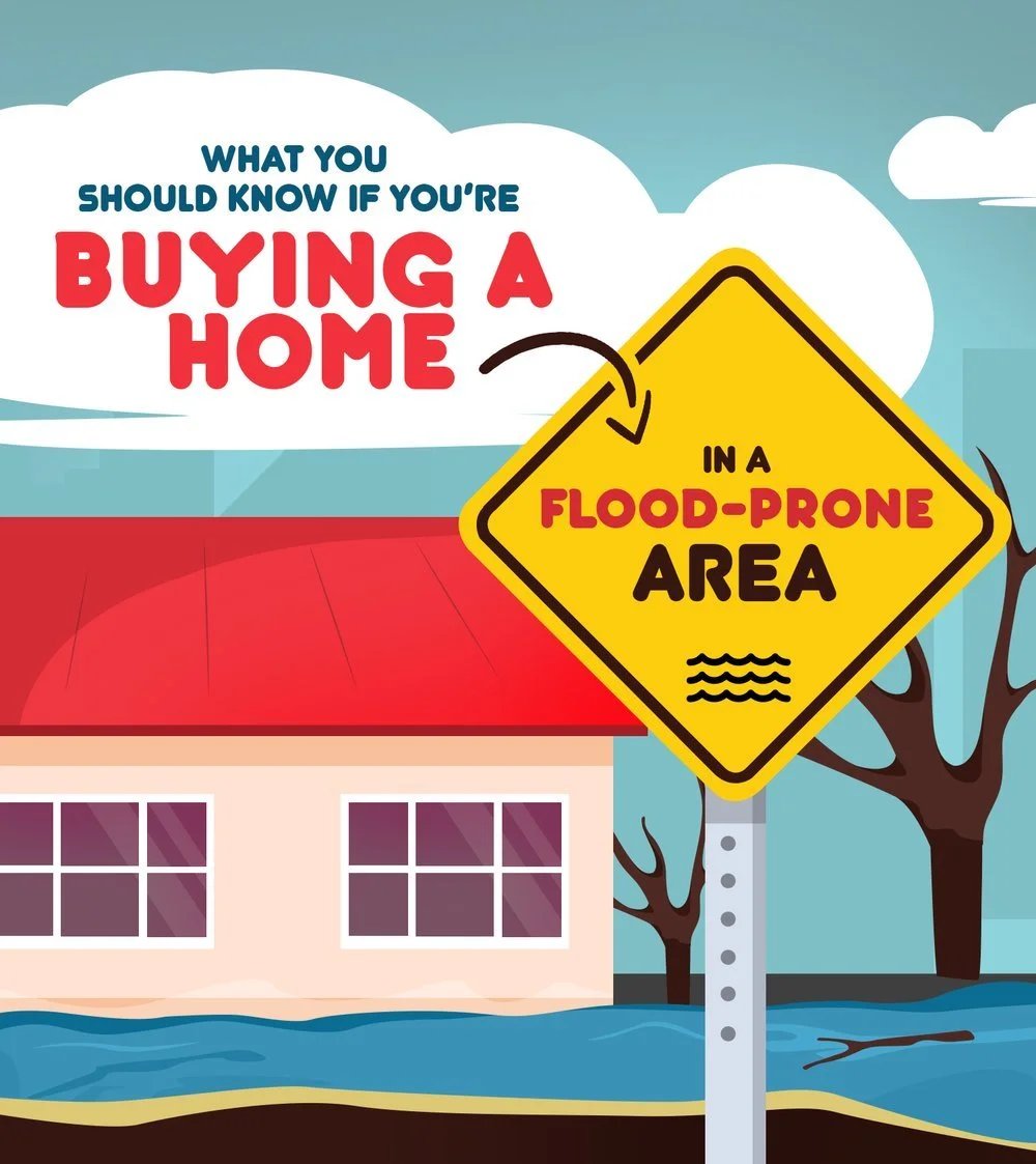 Illustration about buying a home in a flood-prone area, with a flooded house and yellow warning sign.