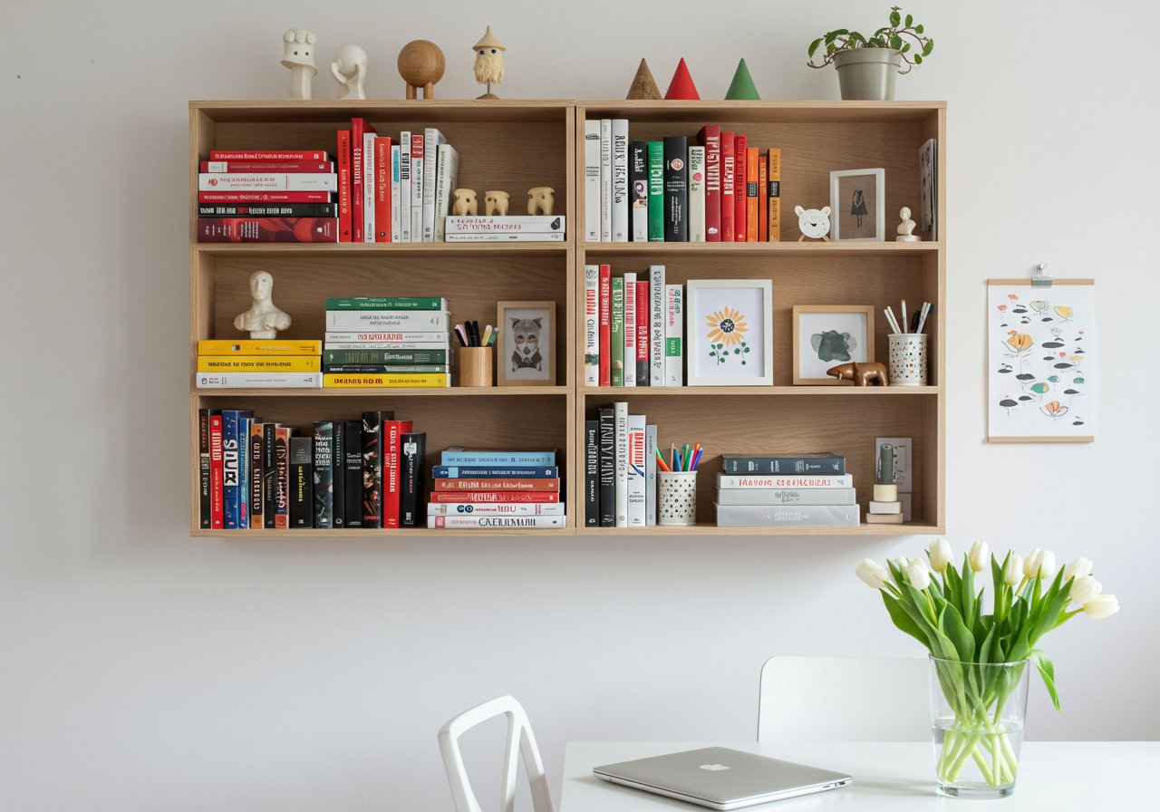a pretty bookshelf well organized by color