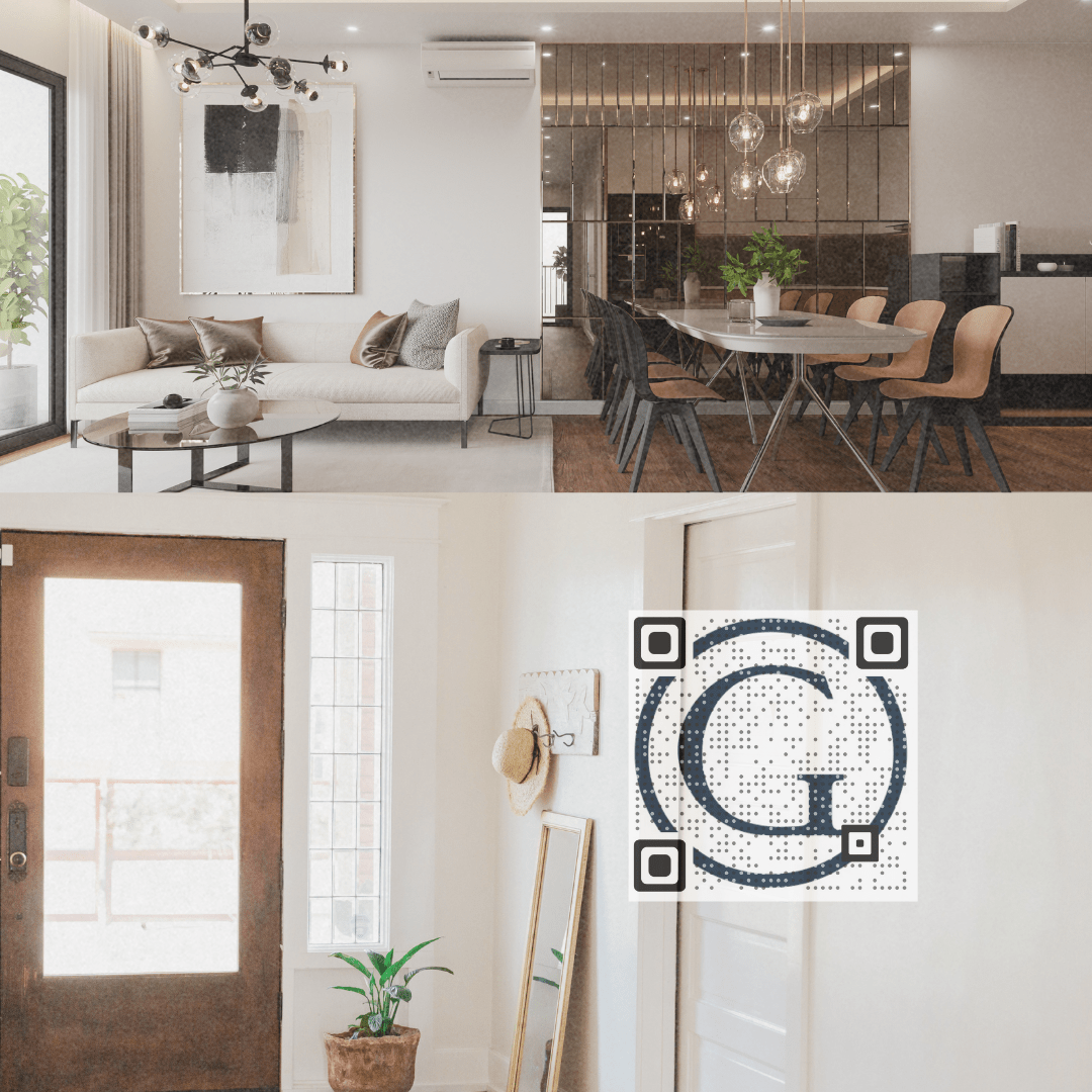 Staged open-plan living and dining room above a bright entryway with a QR code.