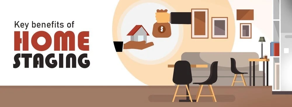 Key benefits of home staging, illustrated with a furnished living room and a hand holding a house and money.