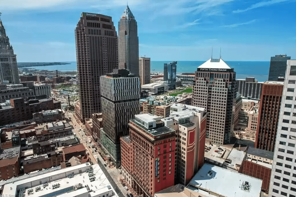 Downtown Cleveland skyline and Lake Erie viewed from above.