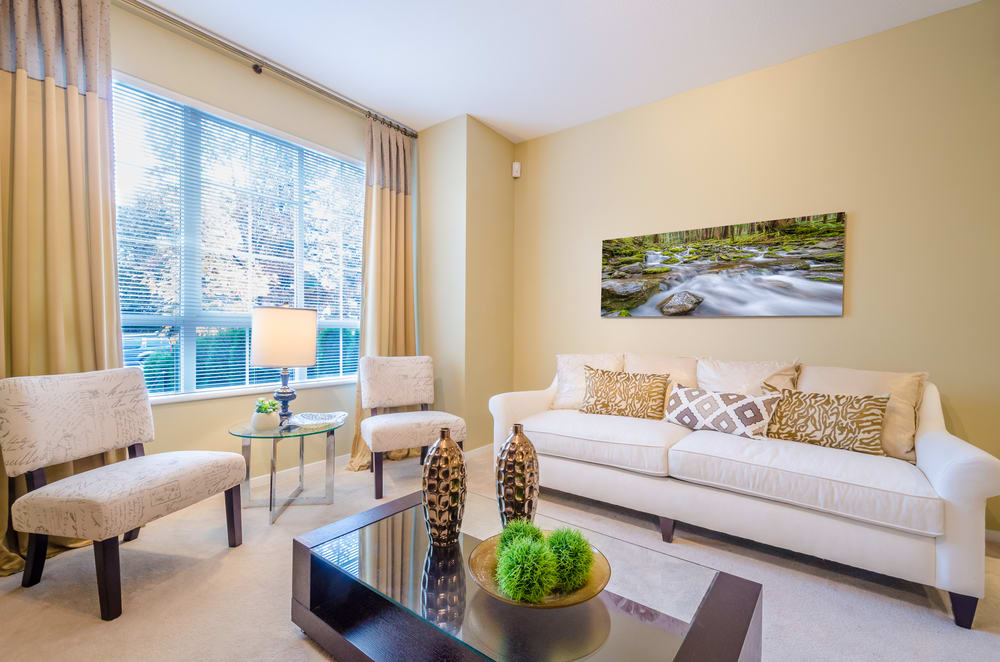 Bright living room with white sofa, decorative pillows, and large window.