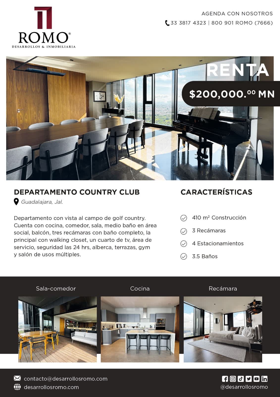 Departamento en Renta en Exclusiva Torre del Country Club $200,000.00 MN