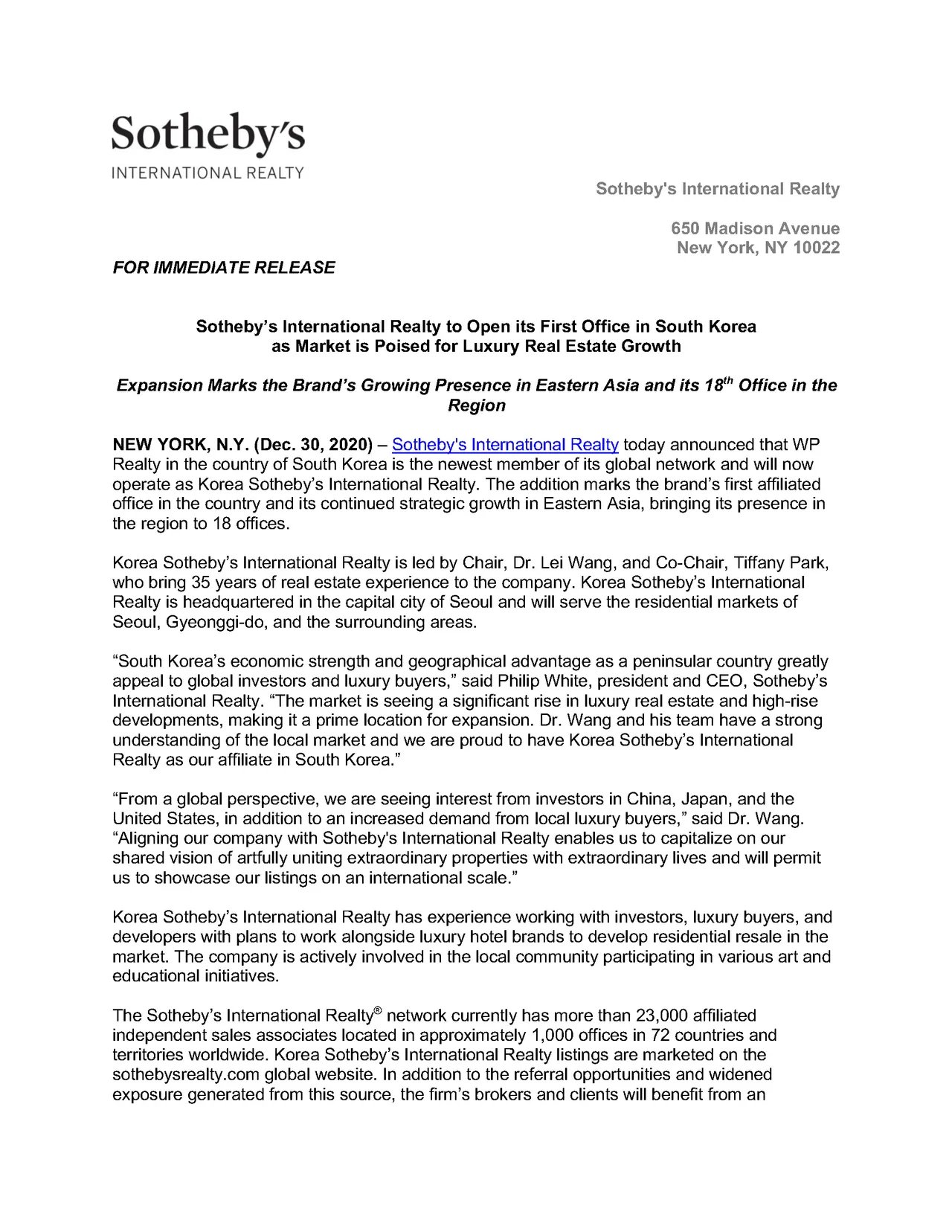 Sotheby’s International Realty to Open its First Office in South Korea