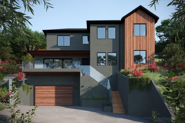 Modern home with a tall wood-clad facade, glass balcony, and landscaped entrance.