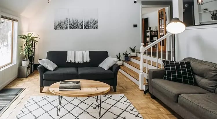  A modern living room with a black couch, a coffee table, and plants. The room has a clean and contemporary design with a cozy atmosphere.