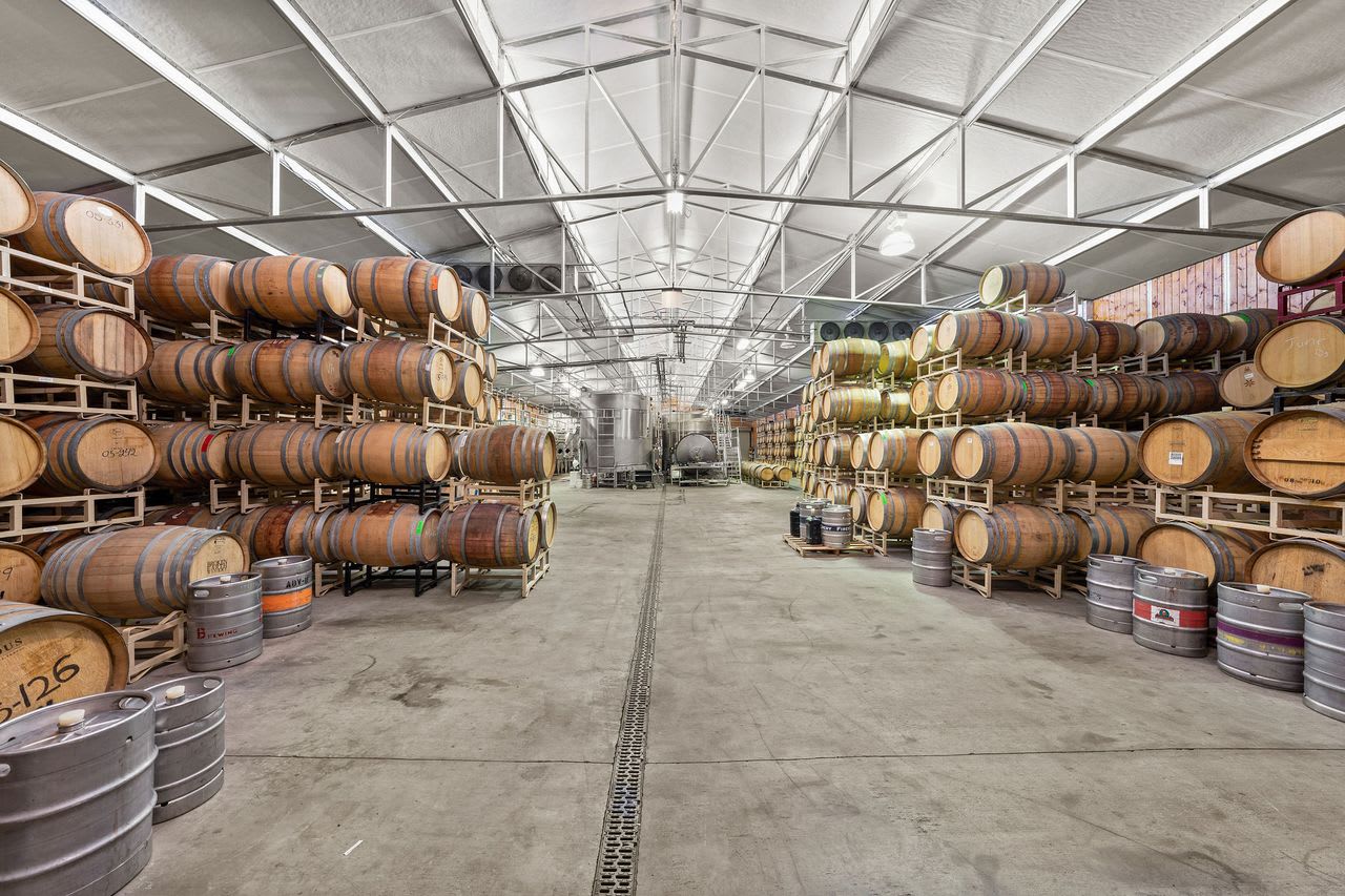 Interior of the winery and barrel room at a Los Angeles vineyard estate.