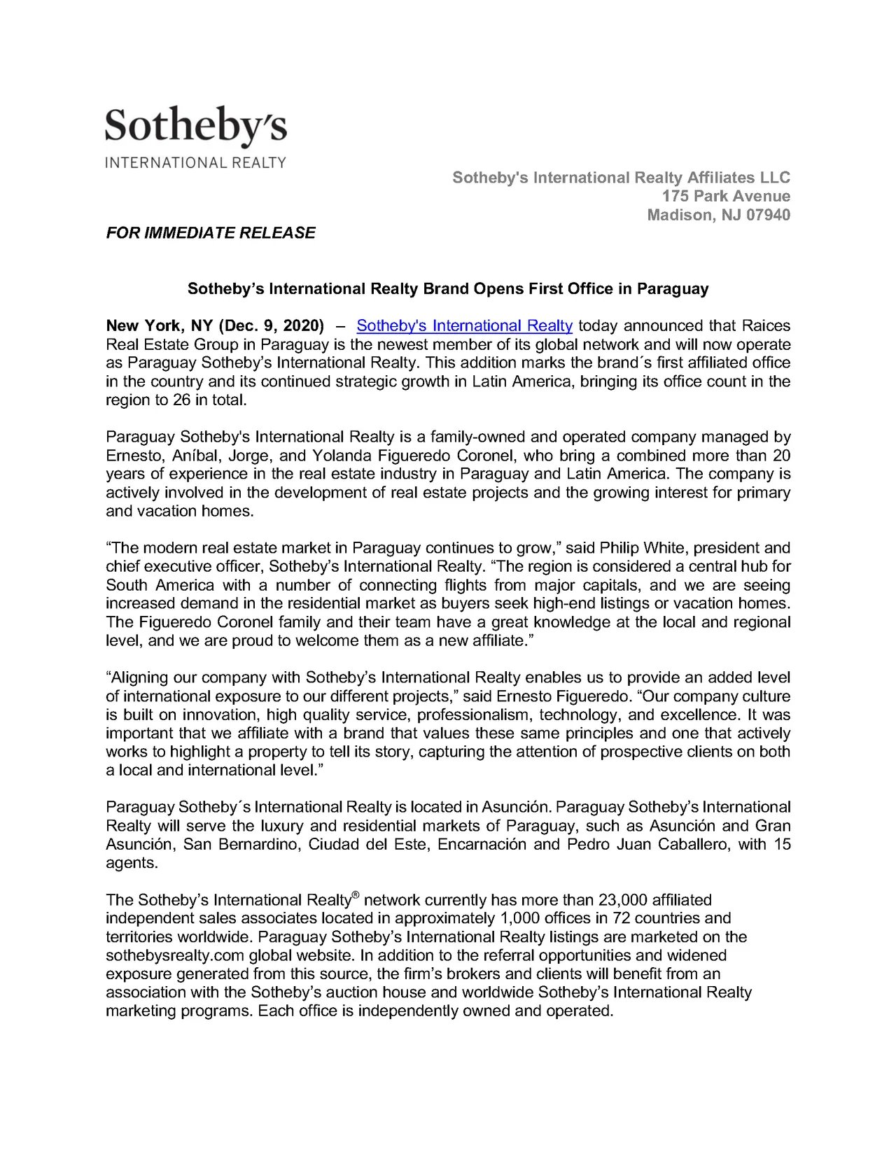 Sotheby’s International Realty Opens First Office in Paraguay