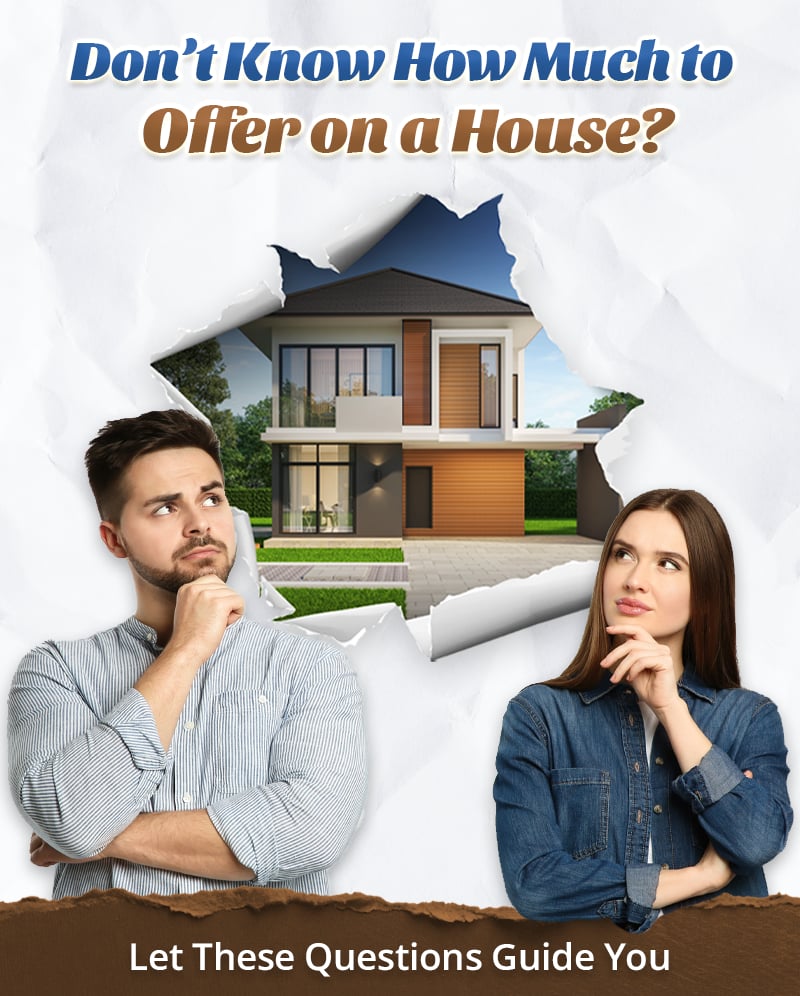 Guide to deciding how much to offer on a house, with a modern home and two people considering the question.