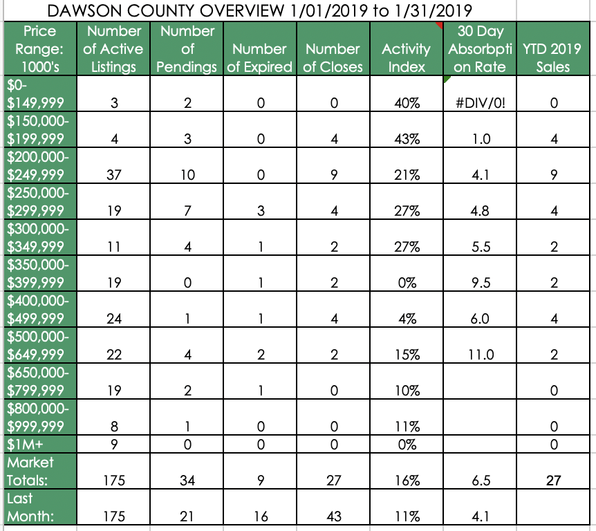 Dawson County January 2019 market report chart showing listings, sales, and market activity by price range.