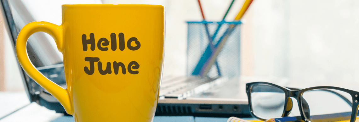 a welcoming scene for the month of June, with several items suggesting a casual work or study environment. 