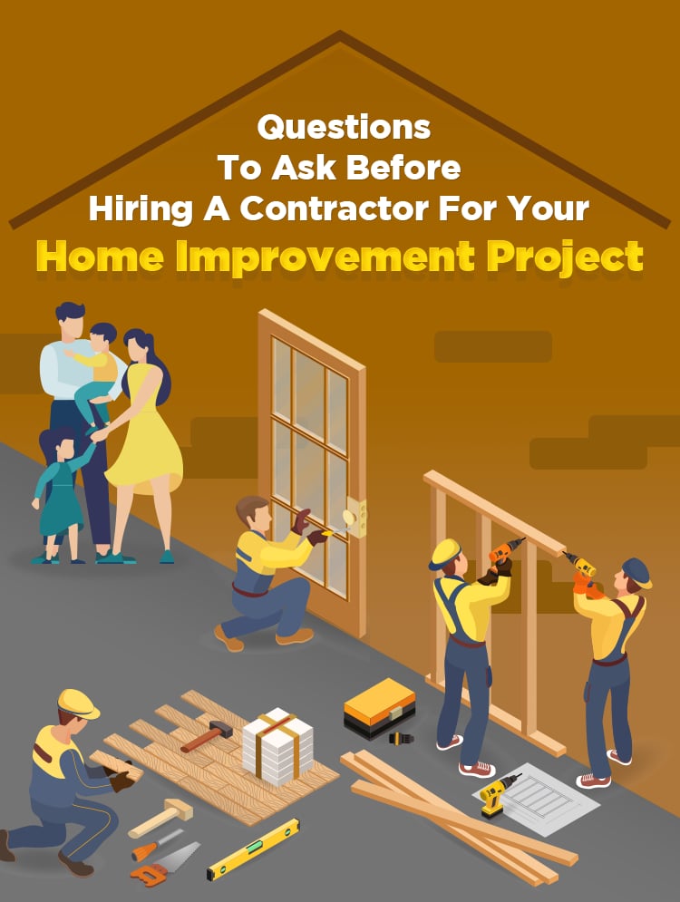 Questions to Ask Before Hiring a Contractor for Your Home Improvement Project, illustrated with workers renovating a home.