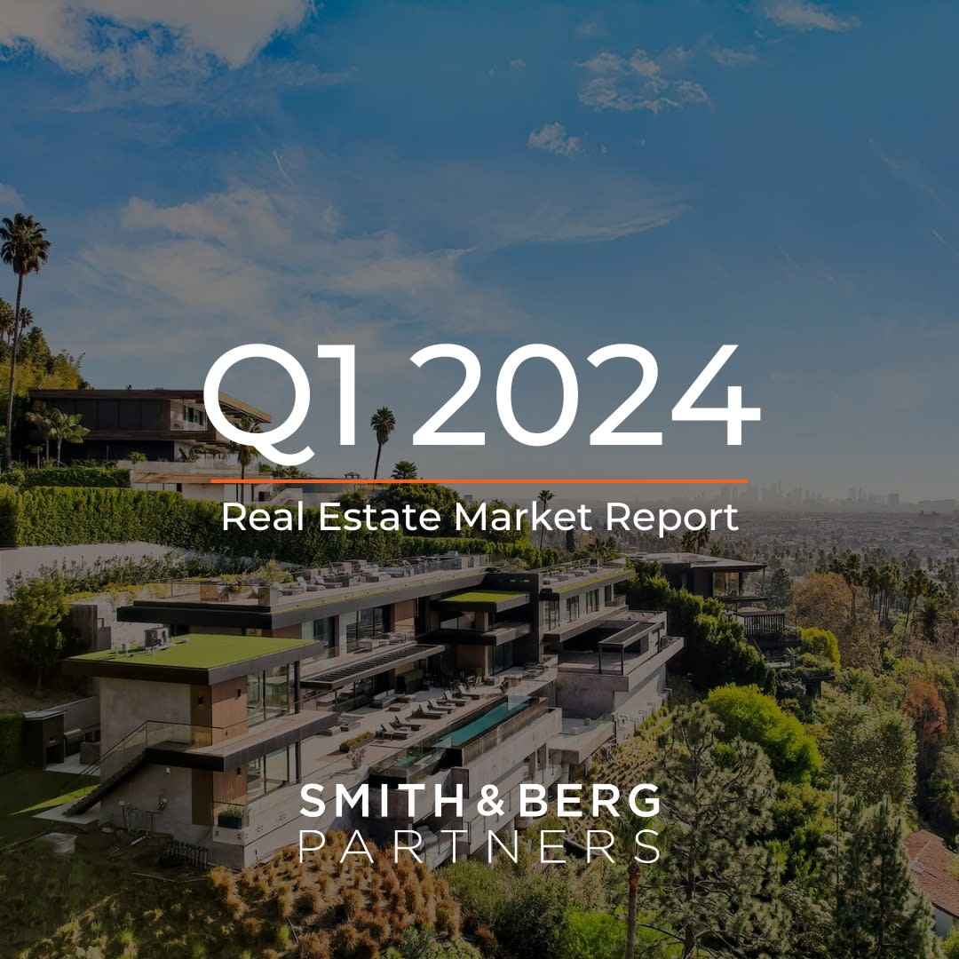 The cover of a "Real Estate Market Report" for "Q1 2024" features a modern, multi-tiered house built into a hillside, surrounded by lush green trees and palm trees 