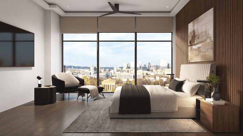 Luxury bedroom rendering at Athena at the Park with modern design, floor-to-ceiling windows, and skyline views in Nashville’s West End.