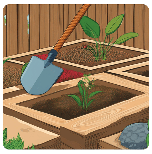 Raised garden beds with young plants and a blue shovel.