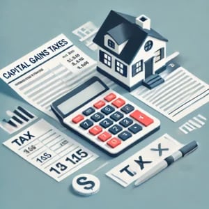 Illustration of a house with tax paperwork, a calculator, and a pen.