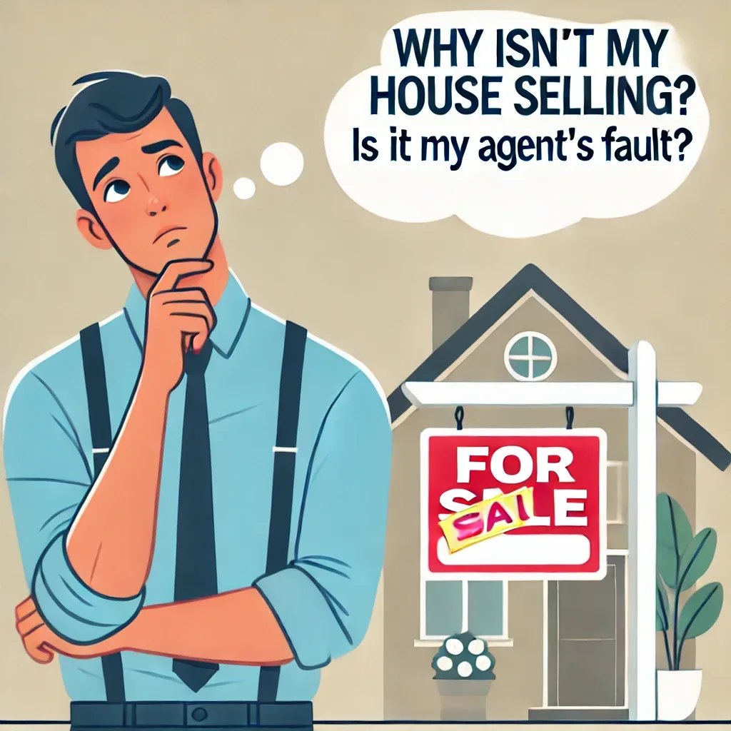 cartoon of a man with a thought bubble asking a question with a house for sale in the background